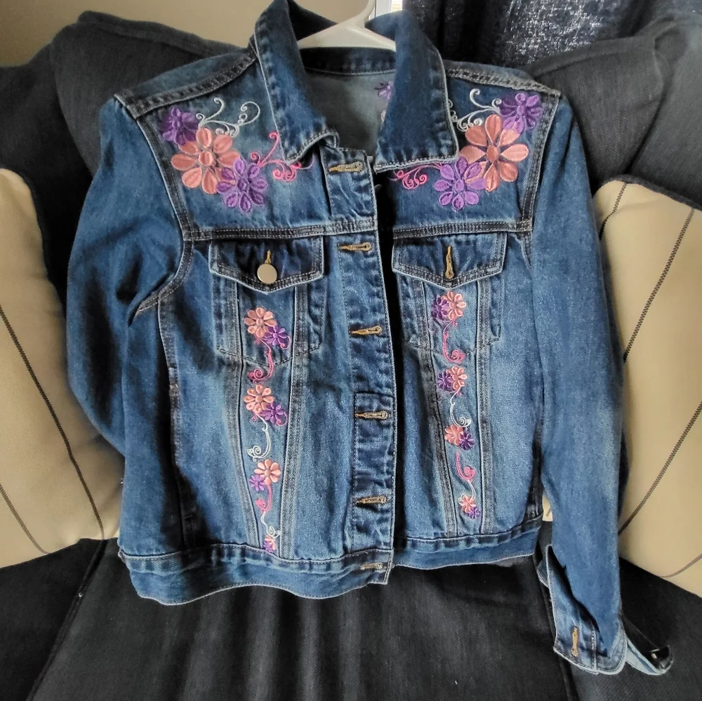 Embroidered Denim Jacket - Blue with Pink and Purple Accents - Picture 4 of 5